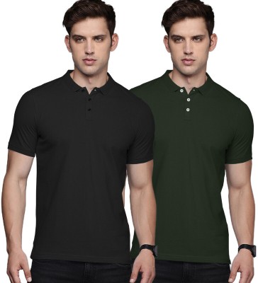 LazyChunks Solid Men Polo Neck Black, Dark Green T-Shirt