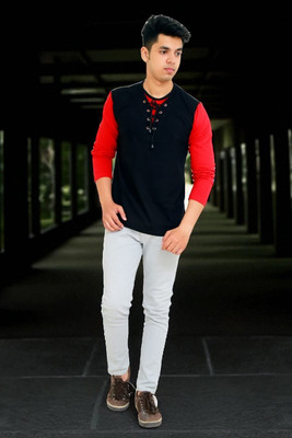 Faricon Trend Colorblock Men Round Neck Black, Red T-Shirt