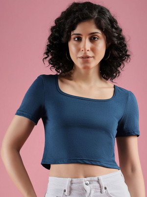 Dressberry Solid Women Scoop Neck Blue T-Shirt