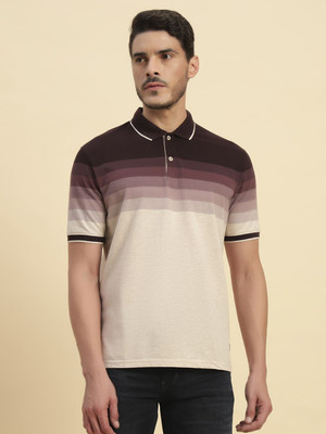 CANTABIL Striped Men Polo Neck Maroon, Beige T-Shirt
