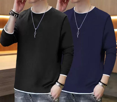 Fascista Self Design Men Round Neck Black, Blue T-Shirt