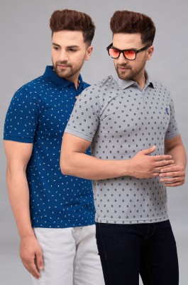 We Perfect Printed Men Polo Neck Blue, Grey T-Shirt