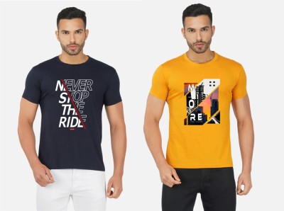 GLOBAL NOMAD Printed Men Round Neck Yellow, Navy Blue T-Shirt