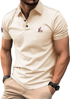 EyeBogler Self Design Men V Neck Yellow T-Shirt