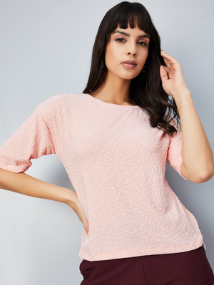 MAX Printed Women Round Neck Pink T-Shirt