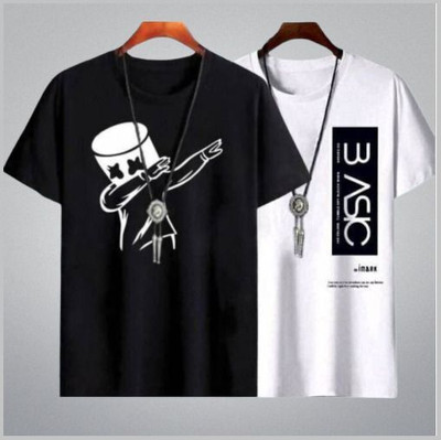 stylesmyth Printed Men Round Neck Black, White T-Shirt