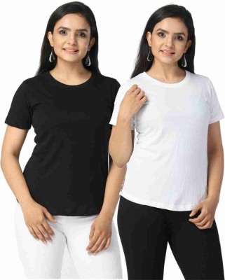 Bokaro Solid Women Round Neck Black, White T-Shirt