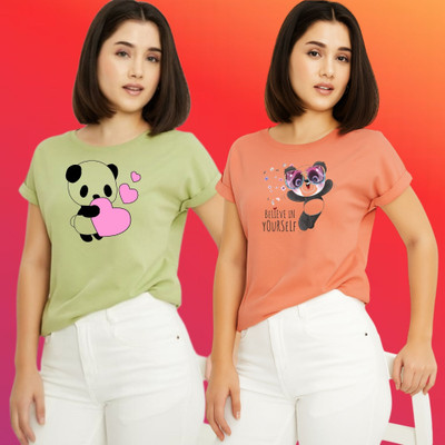 Parona Graphic Print Women Round Neck Green, Pink T-Shirt