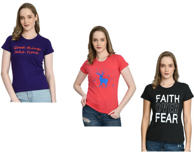 IndiWeaves Printed Women Round Neck Purple, Orange, Silver T-Shirt