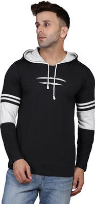 HIGHLANCE Self Design Men Hooded Neck White, Black T-Shirt