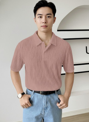 Leriya Fashion Self Design Men Polo Neck Brown T-Shirt