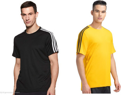 OctaBox Striped Men Round Neck Yellow, Black T-Shirt