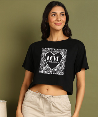 Moda Rapido Printed Women Round Neck Black T-Shirt