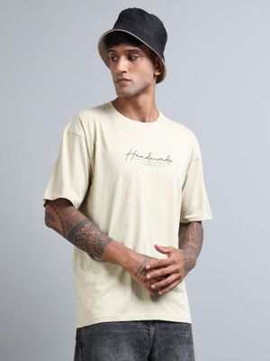 FROSEN FOX Solid Men Round Neck Beige T-Shirt