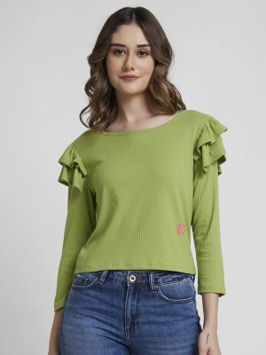 Spykar Solid Women Round Neck Green T-Shirt