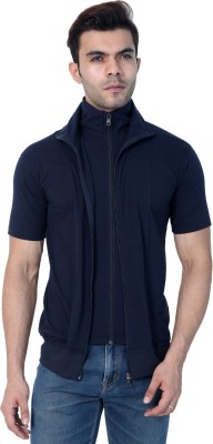 Black Collection Solid Men Zip Neck Dark Blue T-Shirt