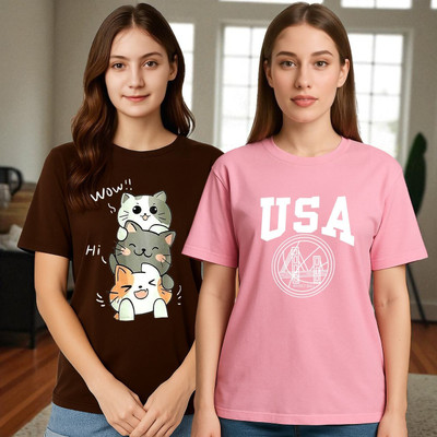 Elvia Graphic Print Women Round Neck Brown, Pink T-Shirt