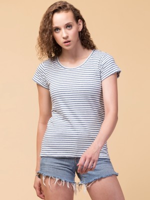 Hive91 Striped Women Round Neck White, Grey T-Shirt