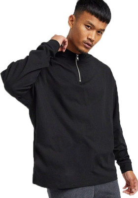 Styvibe Solid Men Mandarin Collar Black T-Shirt