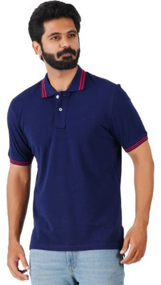 Motus Solid Men Polo Neck Navy Blue T-Shirt