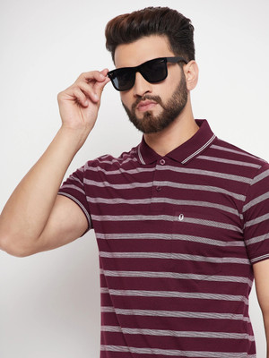 UNNIBERRY Striped Men Polo Neck Maroon T-Shirt