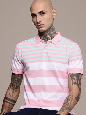 WROGN Striped Men Polo Neck White T-Shirt