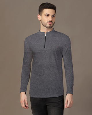 Blisstone Solid Men Mandarin Collar Grey T-Shirt