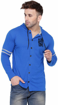 Money Leaf Graphic Print Men Hooded Neck Blue T-Shirt