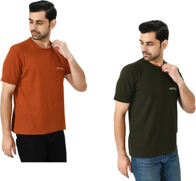 KAVYA Solid Men Round Neck Black, Orange T-Shirt