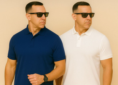 Vivaan Fab Solid Men Polo Neck Navy Blue, White T-Shirt