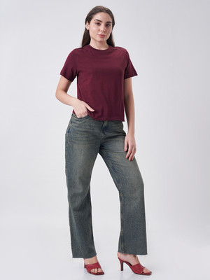 THESOLIDS Solid Women Round Neck Maroon T-Shirt