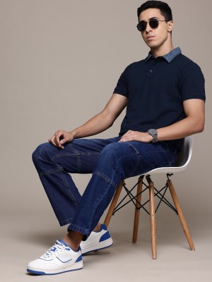 Roadster Solid Men Polo Neck Blue T-Shirt