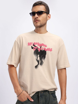 Glitchez Printed Men Round Neck Beige T-Shirt