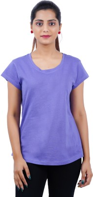 MIDAAS Solid Women Round Neck Purple T-Shirt