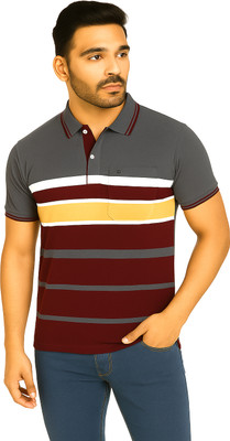 meteapparels Striped Men Polo Neck Grey, Maroon T-Shirt