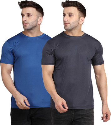 INDIZO Solid Men Round Neck Blue, Grey T-Shirt