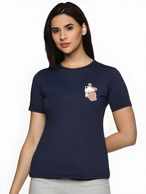 SZN Solid Women Round Neck Dark Blue T-Shirt