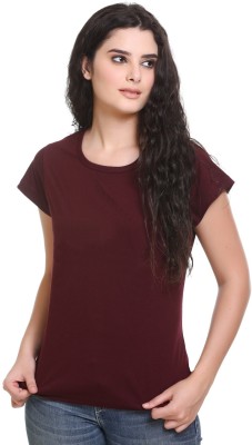 GODFREY Solid Women Round Neck Maroon T-Shirt