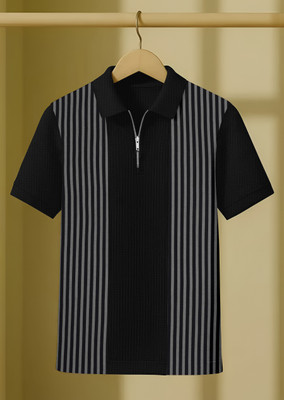 KAJARU Striped Men Zip Neck Black T-Shirt