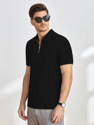TOIX Self Design Men Polo Neck Black T-Shirt