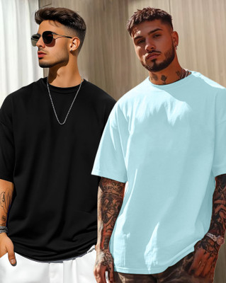 AOOSH Solid Men Round Neck Light Blue, Black T-Shirt