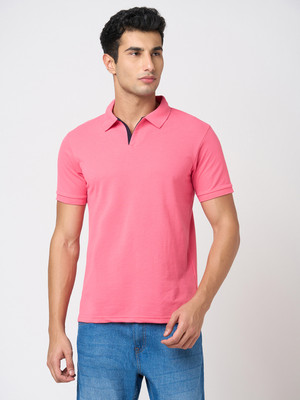 StitchHub Solid Men Polo Neck Pink T-Shirt