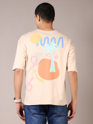 V-MART Printed Men Round Neck Beige T-Shirt
