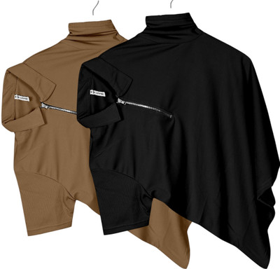PRAIZY Self Design Men Zip Neck Black, Brown T-Shirt