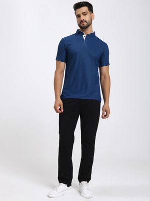 KCOTS Solid Men Polo Neck Blue T-Shirt