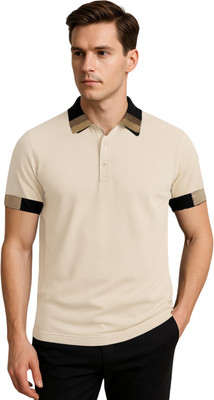 hoshiii Solid, Striped Men Polo Neck Black T-Shirt