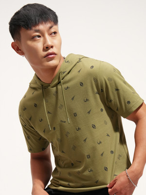 KETCH Printed, Sporty Men Hooded Neck Green T-Shirt