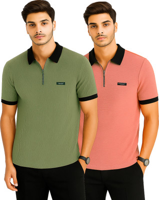 R ROCKIN TEES Solid Men Zip Neck Multicolor T-Shirt