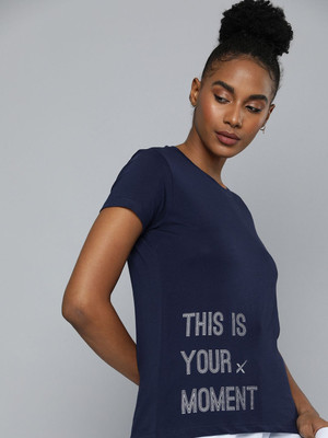 HRX by Hrithik Roshan Solid Women Round Neck Blue T-Shirt