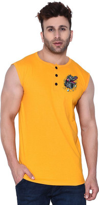 Lawful Casual Printed Men Henley Neck Yellow T-Shirt